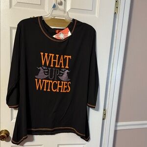 Enchanted Harvest plus size Halloween top “What Up Witches”; size: various